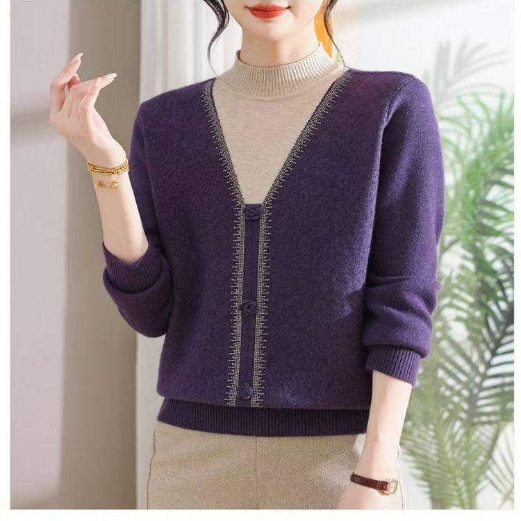 2025新款毛衣女加绒假两件针织衫时尚百搭冬季上衣羊毛衫洋气打底