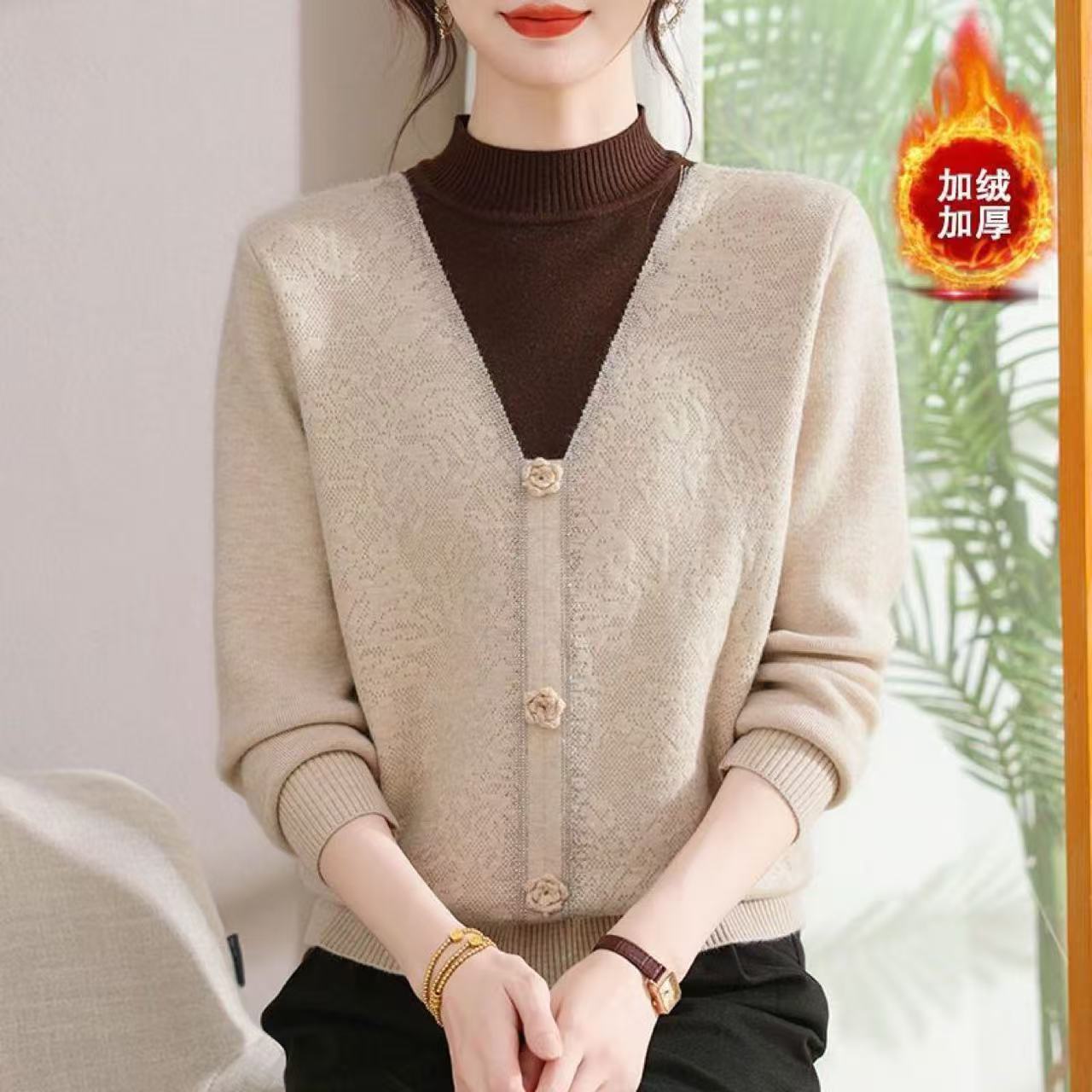 女士加绒加厚假两件针织衫羊毛衫毛衣