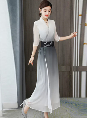 汉服改良中国风文艺复古长旗袍禅意茶女束腰古装仙女连衣裙春夏款