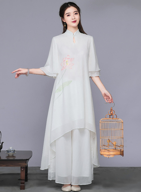 汉服女改良秋禅意茶服中式唐装旗袍上衣中国风不规则连衣裙禅套装