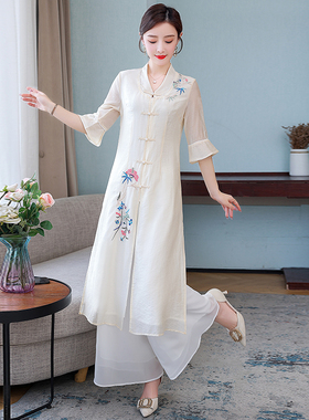 唐装女夏中国风复古中式禅意茶服改良旗袍连衣裙两件套茶艺师服装