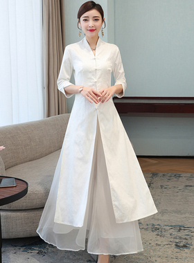 中国风两件套棉麻连衣裙文艺复古刺绣中式盘扣改良套装裙禅意茶服