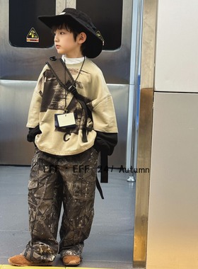 尔菲梵EC潮牌EFF秋季款男中大童装纯棉套头假两件卫衣迷彩长裤