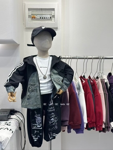 尔菲梵EC潮牌EFF男冬天季加厚加绒小中大童装牛仔拼接冲锋衣外套