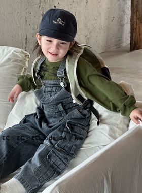 尔菲梵EC潮牌男秋天季款小童装重工洗水碳灰色工装背带连体牛仔裤