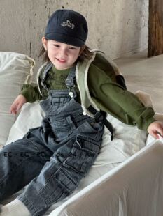 尔菲梵EC潮牌男秋天季款小童装重工洗水碳灰色工装背带连体牛仔裤