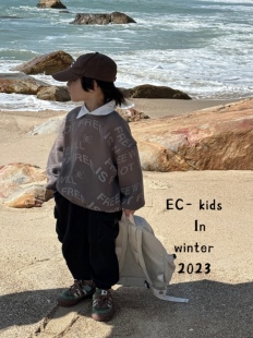 尔菲梵EC潮牌小童装冬季款加一体绒男宝纯棉圆领套头英文卫衣上衣