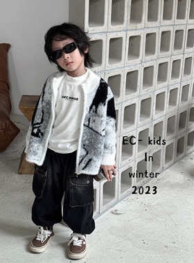 尔菲梵EC潮牌小童装冬季款加厚男宝纯棉泼墨针织衫毛衣水貂绒外套