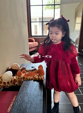 一豆一町小童装冬天季小女孩加绒贵气拜新年可爱风红色丝绒连衣裙