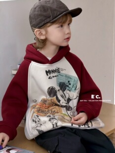 尔菲梵Ec男孩宝宝小童装冬季款加绒一体绒圆领套头英文米奇卫衣