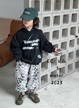 尔菲梵EC潮牌小童装冬季款加绒加厚男宝纯棉套头连帽英文卫衣上衣