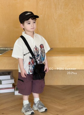 尔菲梵EC潮牌夏天季款男小童装纯棉短袖水印机器人洋气单排扣衬衫