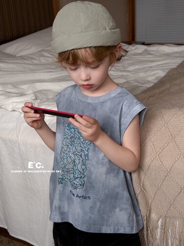 Ec尔菲梵潮牌小男孩宝宝童装夏天季卡通英文设计新款短袖纯棉背心