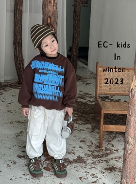 尔菲梵EC潮牌小童装冬季款加一体绒男宝纯棉圆领套头英文卫衣上衣