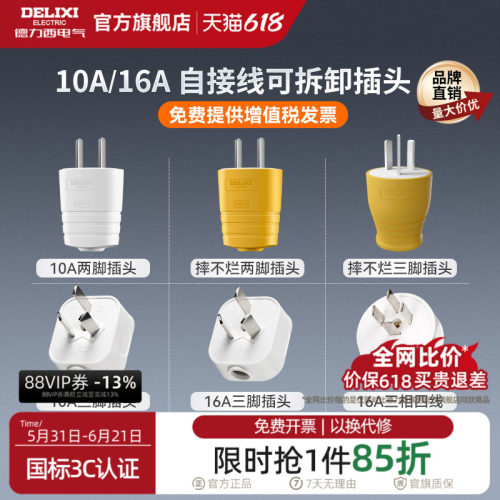 德力西10A16A二三脚电源线插头