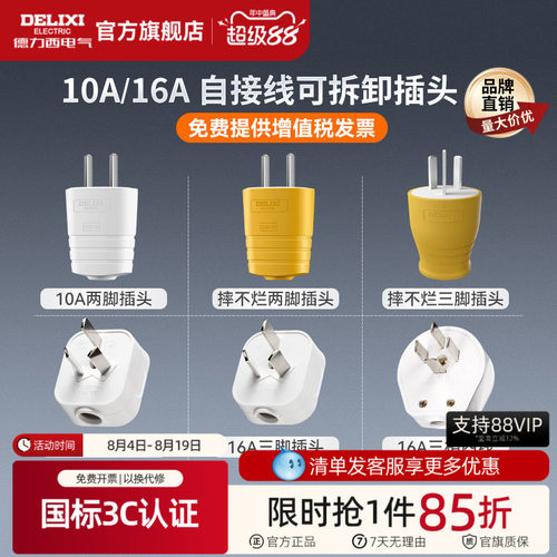 德力西10A16A二三脚电源线插头