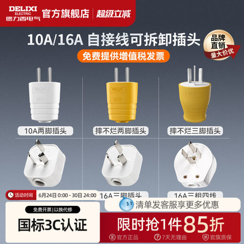 德力西10A16A二三脚电源线插头