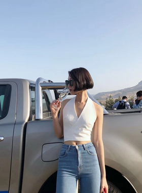 多色复古挂脖绑带上衣一片式黑交叉高腰显瘦v领背心女露背短款夏