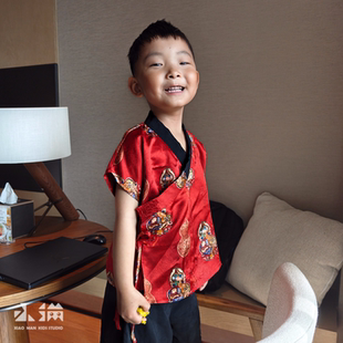 2025新亲子装母子红色汉服香云纱真丝葫芦纹斜襟上衣夏季短袖套装