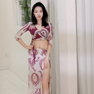 纪小白原创冰丝图腾印花绑带定位包臀开叉鱼尾裙肚皮舞练功服套装