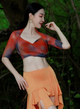 纪小白原创肚皮舞练功服上衣网纱轻奢法式短款东方舞舞蹈服新款