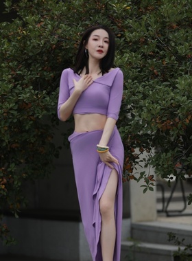 纪小白【经纬.自由序】高弹莫代尔中袖翻领上衣肚皮舞瑜伽显瘦