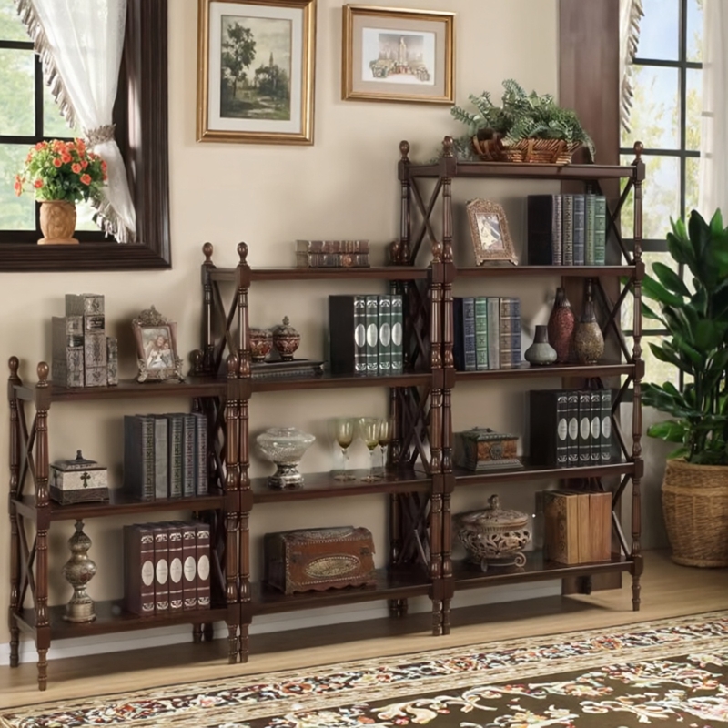 美式实木书架一体靠墙转角书柜客厅家用欧式复古落地收纳置物立架