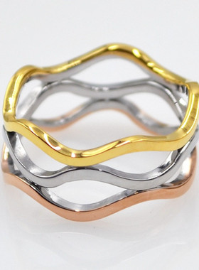 波浪形拼接三色钛钢戒指冷淡风