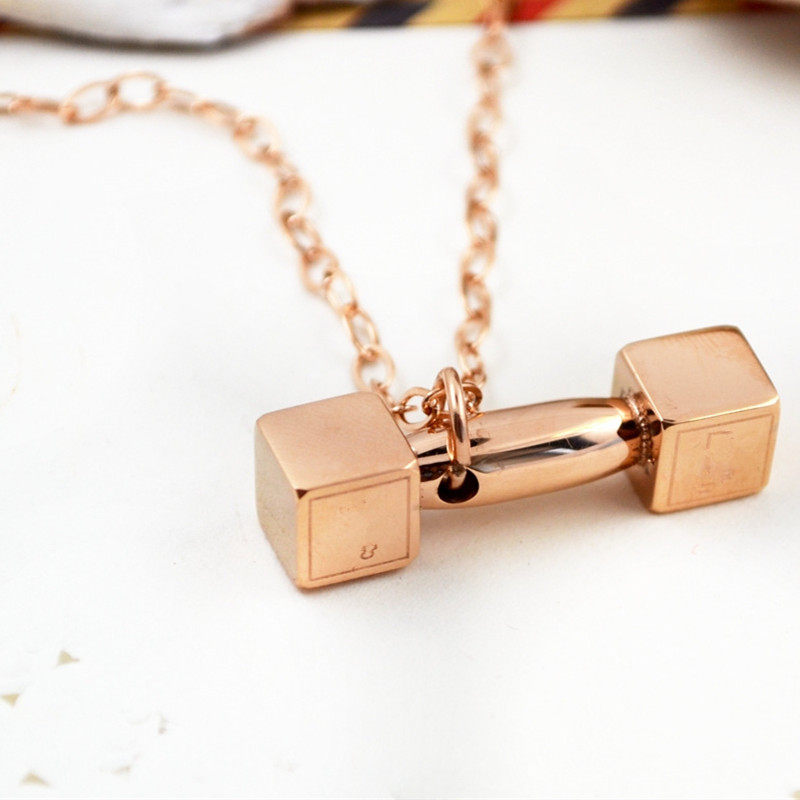 创意哑铃钛钢长款项链 健身举重情侣吊坠毛衣链 18K彩金不掉色