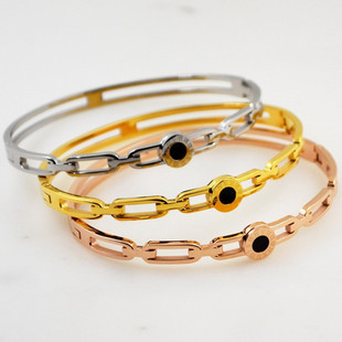 欧美范镂空罗马数字空心黑白双面手镯 轻奢女款钛钢玫瑰金银手环