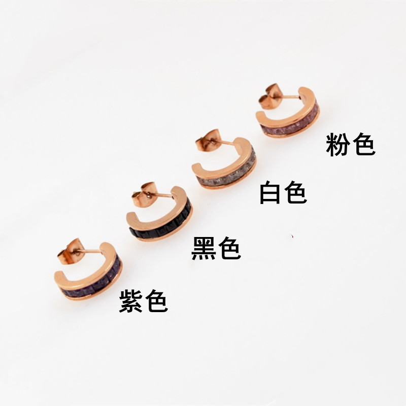 半圈镶钻耳钉钛钢日韩白粉黑钻