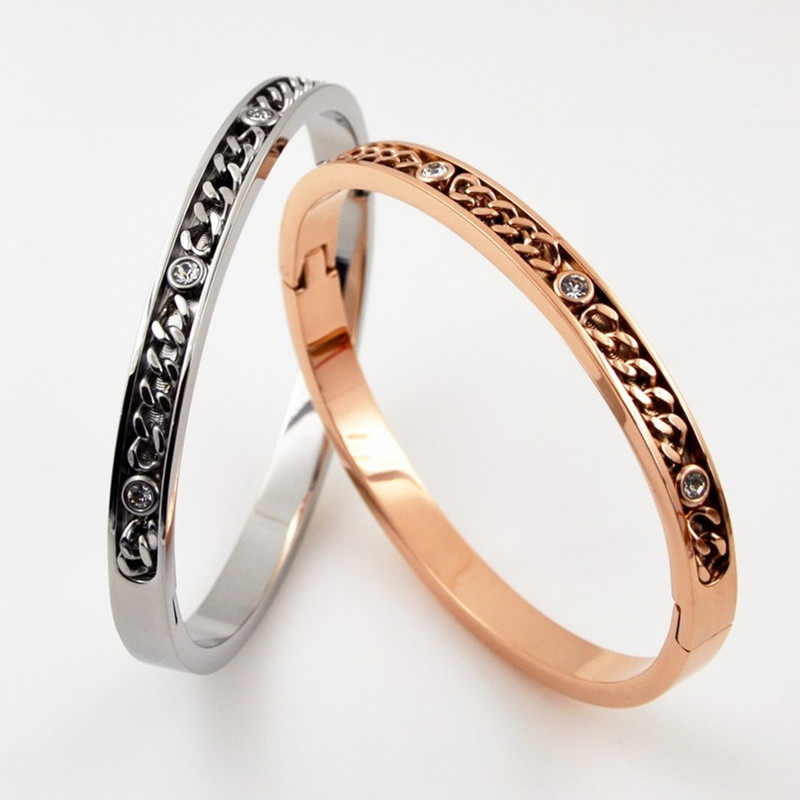 复古时尚玫瑰金钛钢手镯 欧美冷淡风链条加钻女款彩金银色手环