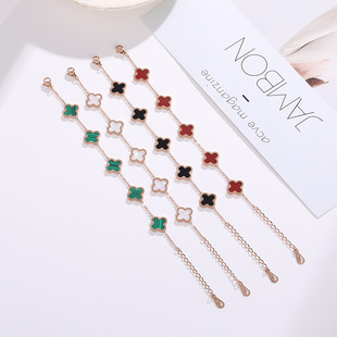 四叶草五花朵玫瑰金手链 小众百搭送闺蜜礼物钛钢电镀18K金饰品