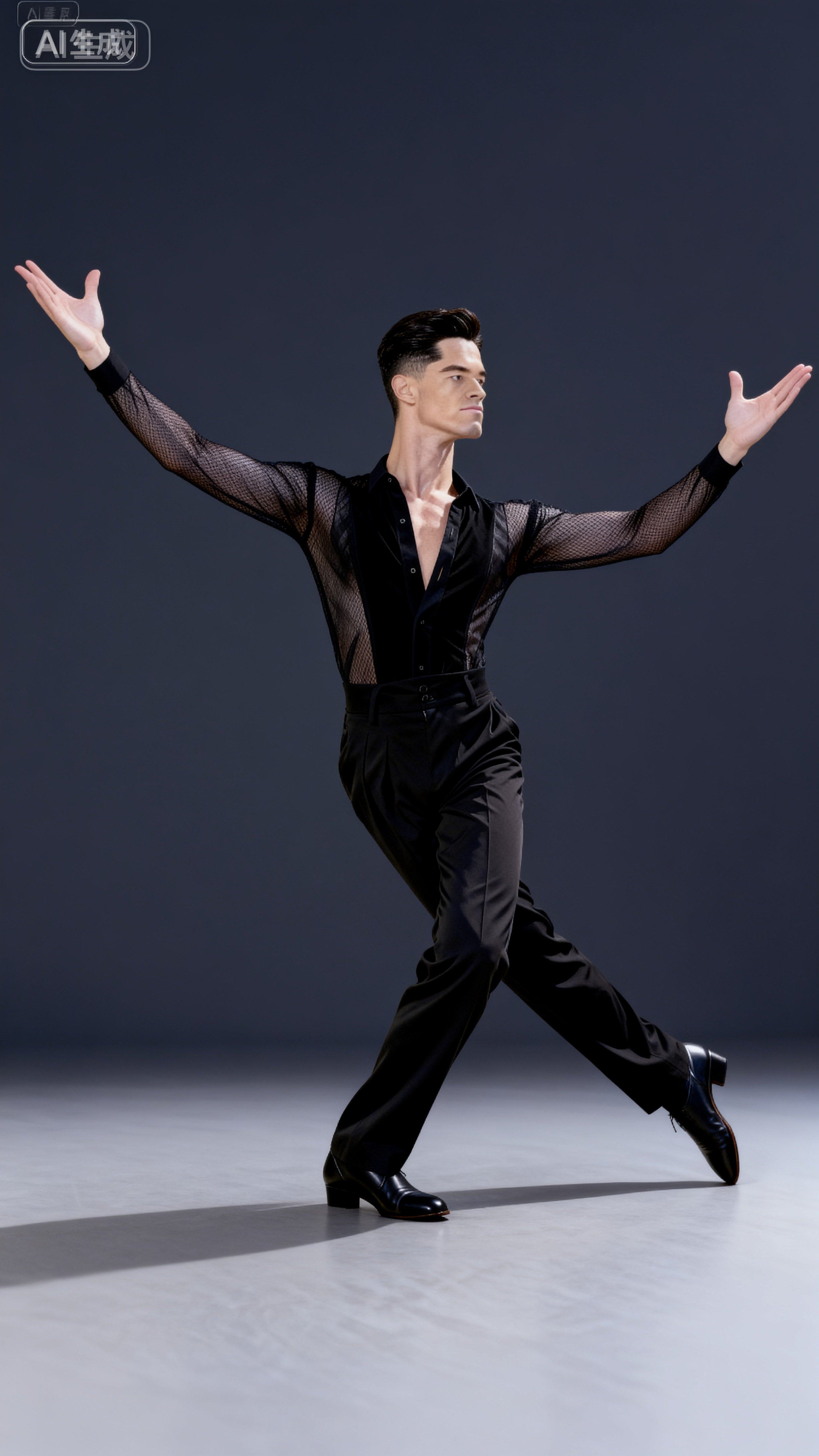 新款拉丁舞服男成人比赛演出练功长袖形体服水兵舞三步踩连裆上衣