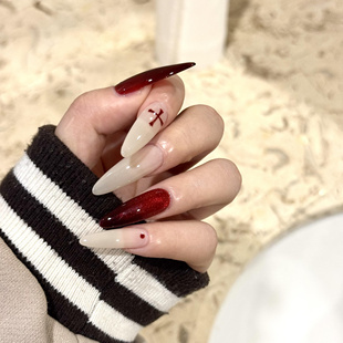 红魔辣妹欧美个性 美甲 纯手工穿戴甲高级感猫眼渐变十字架乳白长款