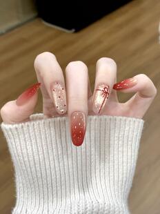 新年战甲手工穿戴甲中长款 红色渐变猫眼蝴蝶结波点 美甲显白秋冬款