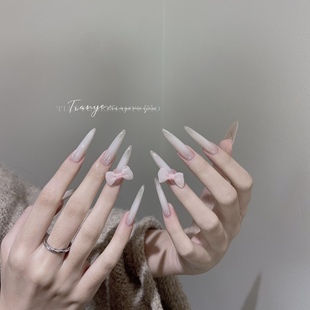 冰花手工穿戴甲中长款渐变美甲粉色蝴蝶结显白高级感冰透裸色猫眼