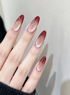 【冰透酒渍】手工穿戴甲中长款美甲显白高级感新年款渐变红色猫眼