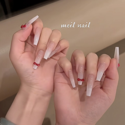 2026新款手工穿戴甲乳白渐变高级感可爱kitty猫红蝴蝶结美甲气质