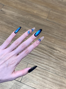 2025新款手工穿戴甲中长款裸色蓝色蝴蝶猫眼美甲高级感辣妹欧美风