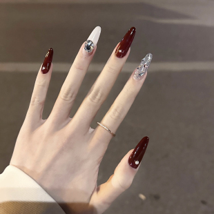 穿戴甲法式带钻细闪手工红美甲穿戴甲秋日显白纯欲辣妹气质可拆卸