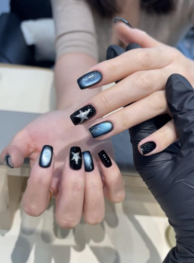 【宇宙蓝】秋冬新款手工穿戴甲短款美甲显白蓝色猫眼星星辣妹暗黑