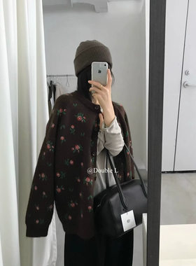 森系复古撞色花朵提花开衫毛衣女2026秋冬新款宽松慵懒风针织外套