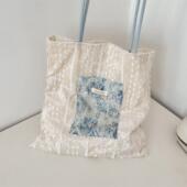 新款 珠光小众设计帆布袋大容量通勤包少女蕾丝手提单肩包