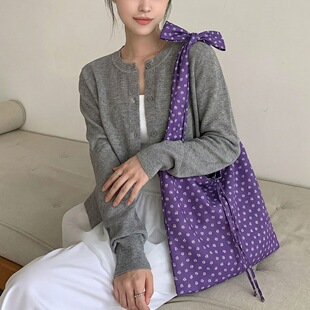 小众设计感法式 紫色碎花单肩包斜挎女士包包系带帆布包 春夏季 韩版