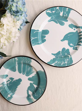 搪瓷印象 出口美国RA 绿色大理石纹早餐圆盘珐琅早餐菜盘沙拉碗