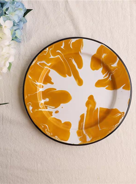 搪瓷印象 出口美国RA 黄色大理石纹早餐圆盘珐琅早餐菜盘沙拉碗