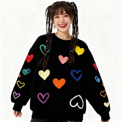 CZECOA原创设计满身撞色爱心印花圆领卫衣秋冬男女重磅百搭上衣潮