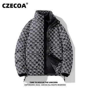 CZECOA进口鸭绒短款羽绒服男满印痞帅加厚立领防风保暖面包服外套