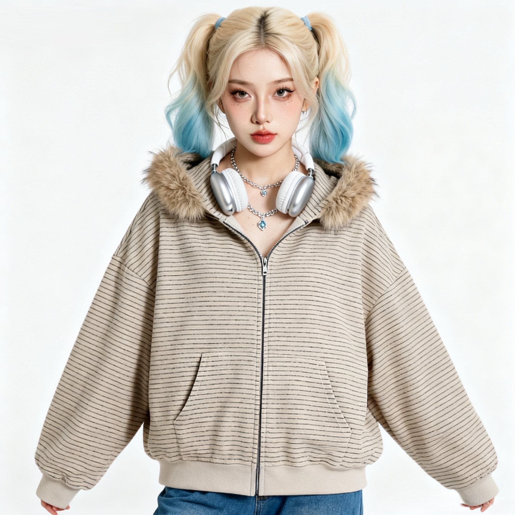 CZECOA美式复古连帽毛领条纹外套男女款秋冬拉链卫衣宽松开衫上衣